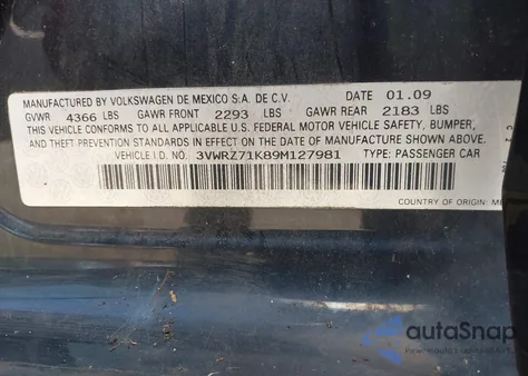 2009 Volkswagen Jetta Se из США, поврежденный, VIN 3VWRZ71K89M127981